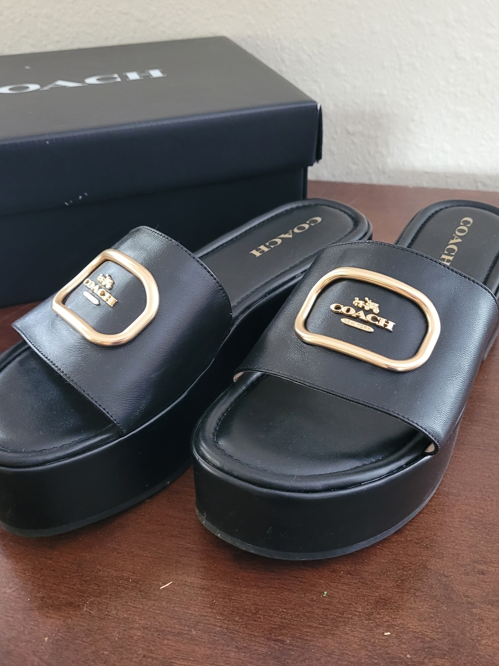 Authentic COACH Black Leather Platform Slide Sandals with Gold Accent
